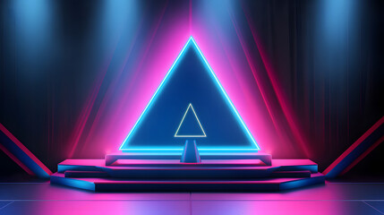 Wall Mural - Empty podium with curtain on background and neon blue and pink triangles around.