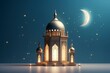 Eid mubarak with a crescent moon mosque and lantern on a light background, 3d render, copy space - generative ai