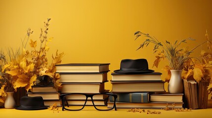 Wall Mural - happy graduation background with pile of books and glasses on yellow background