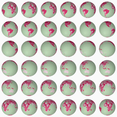 Poster - Collection of planet globes. Normal sphere view. Rotation step 10 degrees. Colored countries style. World map with sparse graticule lines on a light background. Marvelous vector illustration.