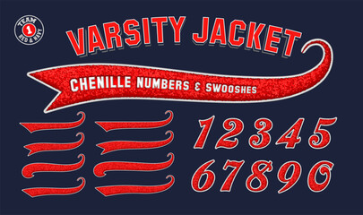 a collection of numbers and swooshes in the style of chenille fabric varsity letterman jacket patche