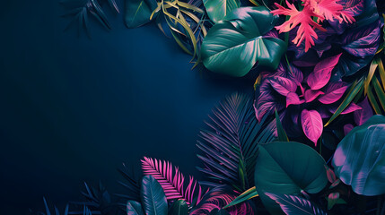 Wall Mural - leaves in neon colors on a dark background with copy space