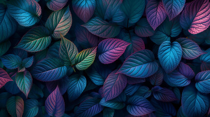 Wall Mural - background with colorful leaves black backdrop iridescent pattern wallpaper blue purple green vivid bold texture nature shiny neon glossy design plant holographic foil light dark contrast