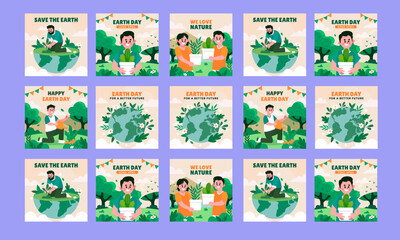 Canvas Print - happy earth day social media post vector flat design set