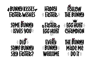 Sticker - Easter Funny Quotes Collection. Cute Easter Phrases. Vector Hand Lettering of Holiday Sayings. Follow the Bunny, Egg Hunt Champion Slogan.