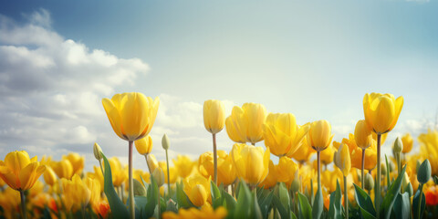 Wall Mural - Yellow Tulips. Tulip flowers blooming in the field with blue sky background. Beautiful Floral background for Easter holiday, Women's day, 8 march, Birthday, Mother's day