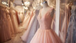 Pale pink long formal dress elegant prom party wedding dress in shop, generative ai