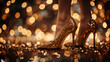 Womens Evening Shoes. Female gold glitter chunky high heel pumps and confetti. Shoes for wedding, Christmas, new year, evening, cocktail, night out. Golden stiletto heels. Generative AI