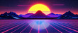 Retro sunset in neon, a digital landscape of the 80s, futuristic abstract in purple and blue