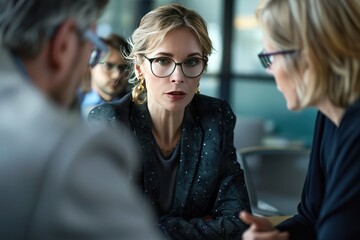 Wall Mural - Confident professional businesswoman having lively discussion 