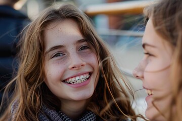 Happy teenage girl wearing braces by female friend 