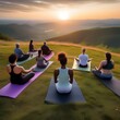 A group of people practicing yoga on a hilltop, overlooking a peaceful valley below1