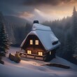 A cozy cabin in the woods covered in snow, smoke rising from the chimney2