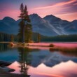 A serene lake reflecting the orange and pink hues of a sunset, surrounded by tall pine trees3