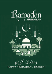 Ramadan greeting poster vector design.islamic culture celebration festival card background.arabic arab religion mosque moon lamp islam muslim lantern banner decoration pattern template illustration.