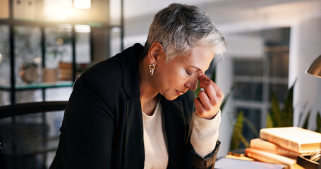 Poster - Night, business and senior woman with headache, stress and burnout with deadline and overworked. Mature person, evening or PR consultant with a migraine or frustrated with audit, crisis or depression