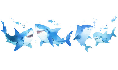 A Minimal Watercolor Banner of a Row of Sharks,  Generative AI