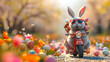 Cute bunny riding a bicycle carrying easter eggs.
