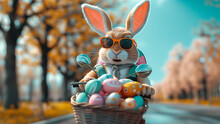 Cute Bunny Riding A Bicycle Carrying Easter Eggs.