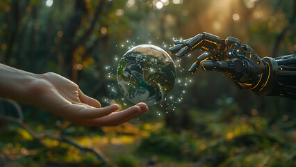 Wall Mural - Earth Day environment. Hand holding globe with robot hand touching globe. Environment