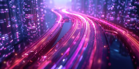 Canvas Print - Vibrant neon lights illuminating a wet highway in a futuristic cityscape at night.