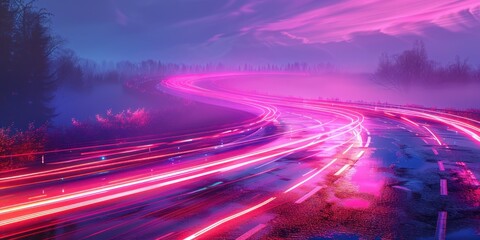 Canvas Print - Vibrant neon lights illuminating a wet highway in a futuristic cityscape at night.