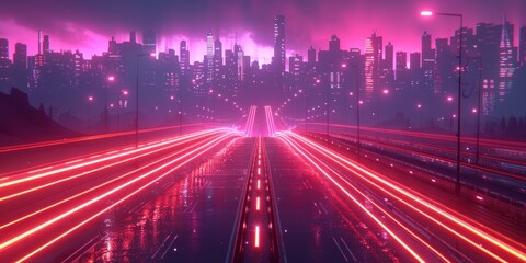 Wall Mural - Vibrant neon lights illuminating a wet highway in a futuristic cityscape at night.