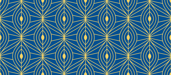 Poster - Retro art deco blue and gold seamless pattern. Repeated golden leaf, feather or eye motif. Vintage decorative texture for wallpaper, textile, fabric, print swatch. Vector elegant ornament backdrop