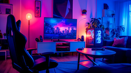 Wall Mural - Desk with monitor - Neon lighting - Computer aesthetics.