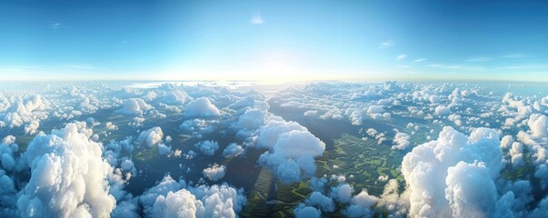 Wall Mural - a stunning aerial panorama of dense cumulus clouds bathed in sunlight, with a clear blue sky above.