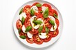 Fresh Caprese Salad Plate on White, Italian Caprese Salad with Basil, Vegetarian Caprese Salad Isolated, Fresh Caprese Salad on White Background, Classic Italian Caprese Salad,Caprese, Easy to cut out
