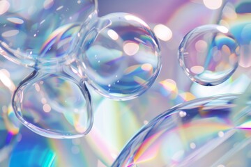 A group of bubbles with rainbow reflection. A mesmerizing cluster of iridescent spheres, brimming with shimmering liquid and captivating rainbow reflections.