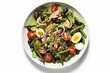 Nicoise Salad Plate on White Background, Healthy Salad with Tuna and Fresh Vegetables, Classic French Salad with Tuna and Eggs
Fresh Spring Salad with Tuna Steak, Nicoise Salad, easy to cut out
