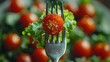 A crisp salad and cherry tomato adorn a fork against a white backdrop, representing the healthy eating concept.
