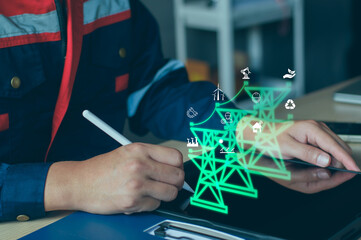 Green energy electrical services concept. Electrical engineer use computer laptop checking and analysis data of power plant station project, internet system network, electric, green energy Industry