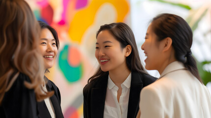 Wall Mural - Women empower and support each other in the workplace. Four businesswomen are smiling and talking to each other on a blurred workplace background.