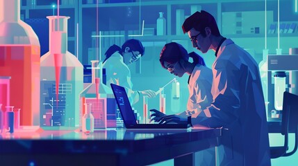 Aufkleber - Futuristic laboratory scene with scientists analyzing data. digital illustration of modern research environment. technology and innovation concept. AI