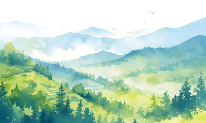 Hand drawn watercolor green mountain landscape, Generative AI