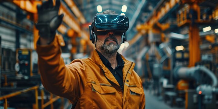 a skilled engineer with a vr headset is overseeing production in an industrial manufacturing facilit