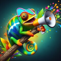 Wall Mural -  Chameleon closeup sitting on tree branch with a Megaphone spreading joy  , Chameleon Sitting ,nature ,reptile ,lizard ,dragon , animal ,green , branch ,illustration ,Generative AI