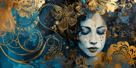 Wall Mural - Lady portrait collage. Art nouveau style. Banner with old texture