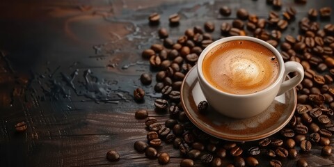 Wall Mural - A freshly brewed espresso in a white cup surrounded by roasted coffee beans on a rustic wooden table.