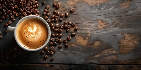 A freshly brewed espresso in a white cup surrounded by roasted coffee beans on a rustic wooden table.