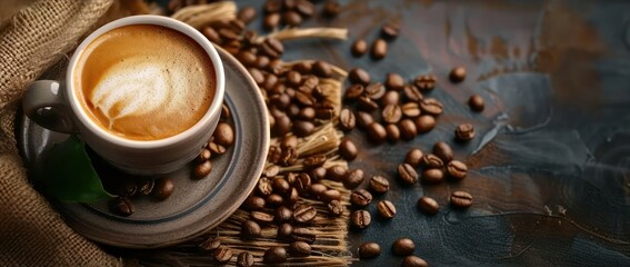 Wall Mural - A freshly brewed espresso in a white cup surrounded by roasted coffee beans on a rustic wooden table.