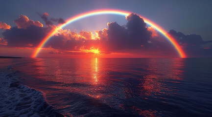 Wall Mural - A serene seascape with a full rainbow arcing over a sunrise and cloud reflections, ai generated