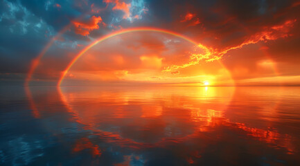 Wall Mural - A tranquil ocean scene with a sunset, clouds, and a rainbow reflected on the water, ai generated