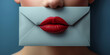 Briefumschlag mit erotisches Sexy roten Lippen einer Frau als Poster Nahaufnahme, ai generativ