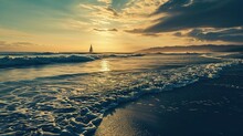 A Serene Seascape Is Captured At Sunset, With Warm Golden Hues Casting A Soft Glow Over The Scene. The Sun Sits Low In The Sky, Partially Obscured By Wispy Clouds, And Its Reflection Shimmers Across T