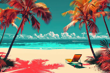 Wall Mural - retro tropical beach with pop art abstract background. generative ai.