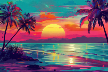 Wall Mural - retro tropical beach with pop art abstract background. generative ai.